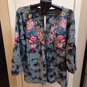 Avani Del Amour Womens XL Boho Embroidered Tie Dye Tunic Top Grey Black Cotton